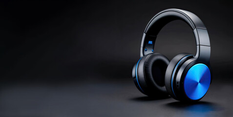 Wireless headphones with glowing LED red elements on black background. Headphones banner with neon blue backlight with empty space on black background