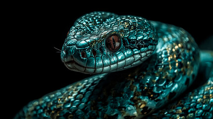 Fototapeta premium Closeup portrait of a striking green and blue snake with intense orange eyes against a dark background