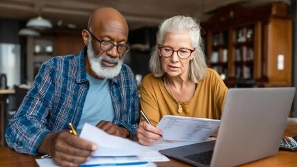 Analyzing Finances Together: A close-up shot of an elderly couple in their comfortable home setting, meticulously reviewing financial documents and using a laptop. - Powered by Adobe