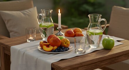 Outdoor summer dining with fresh fruit and candles