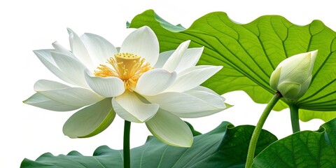 Fototapeta premium White Lotus Bloom and Bud,Leafy Backdrop, floral , serenity