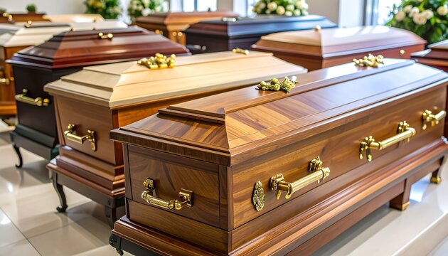 Display of various wooden caskets in a showroom