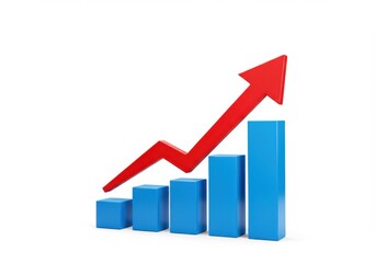 Red arrow pointing upwards over a rising blue bar graph indicating positive financial growth