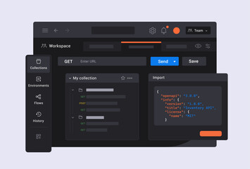 Interface of Platform for developers to design, build, test, and collaborate on API. Tool for sending api requests and see the responses. UI vector illustration