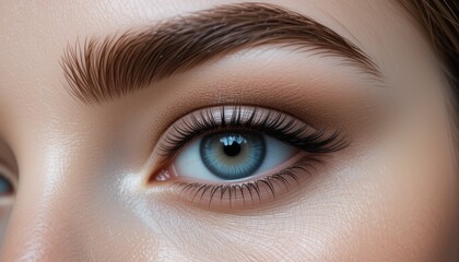 Obraz premium Close-up of a captivating light blue eye with long lashes and perfect eyebrow