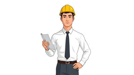 Illustration of a male construction manager wearing a white shirt, tie, and yellow hard hat while holding a document, representing professionalism and site supervision.