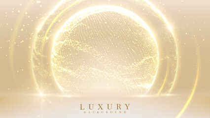 Gold wave luxury background with glow particle circle shape. elegant stage scene for beauty product or award ceremony. © witsanu
