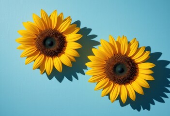 Obraz premium Two sunflowers on a soft blue background presenting a simple elegance