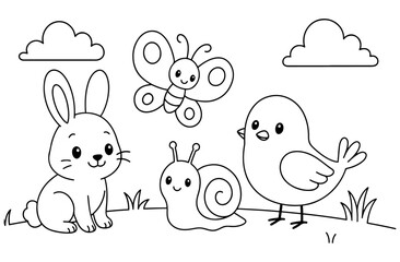 Cute animal coloring page with a bunny, bird, snail, and butterfly in a simple cartoon style. Perfect for kids to color and enjoy.