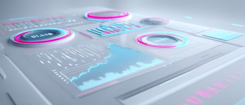 Futuristic interface displays data visualizations with glowing neon accents, showcasing charts, graphs, and digital readouts for a modern, high-tech aesthetic.
