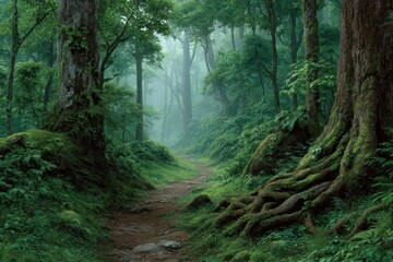 Enchanting forest path winding through ancient trees covered in vibrant green moss and lush foliage