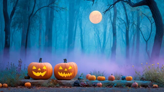Halloween pumpkin jack o lanterns glowing foggy forest full moon with bats flying creating spooky Halloween night atmosphere