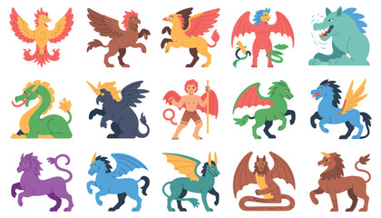 Cartoon vector animal icons set: cute illustrations of zoo and farm animals including dogs, cats, cows, horses, birds, foxes, lions, elephants, and other wild creatures