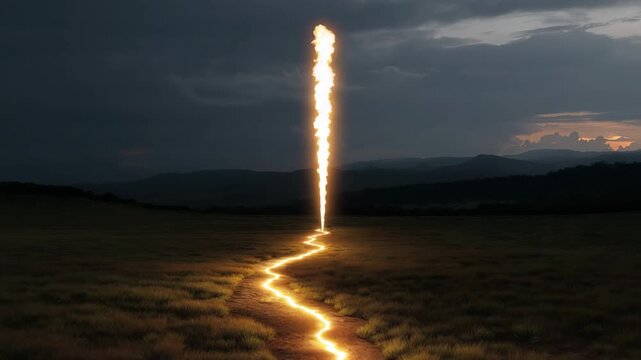 Fire is shooting up into the sky. The sky is dark and cloudy. The fire is orange. a symbolic oil flame lighting up a shadowed, undeveloped rural landscape, emerging oil markets