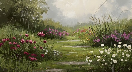 Fototapeta premium Serene Garden Pathway Surrounded By Colorful Flowers Beneath A Soft Misty Atmosphere