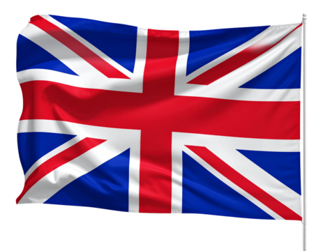 Waving United Kingdom Flag with Realistic Fabric Texture, isolated on transparent background PNG
