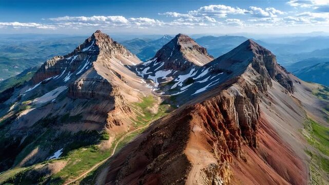 Majestic Mountain Peaks: An awe-inspiring panorama of three towering mountain peaks, their rugged slopes adorned with patches of snow and vibrant earthy hues.