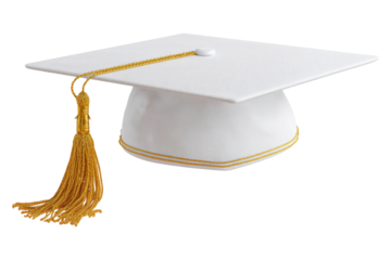 White Graduation Cap with Gold Tassel on Plain White Background