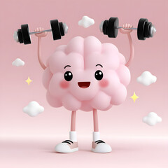 Brain workout: An innovative 3D rendering features an adorable brain character, its face beaming with happiness as it lifts a pair of dumbbells