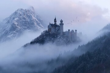 Majestic fairy tale castle perched atop a misty mountain surrounded by snow covered pine forest