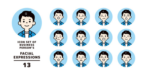 カジュアルな服装の若い男性の、様々な表情アイコン素材セット＿円形＿ベクター＿カラー