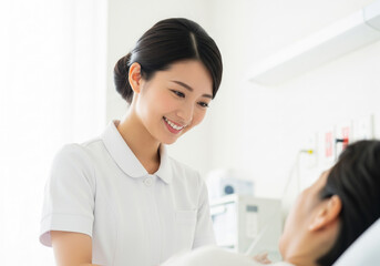 Fototapeta premium ベッドサイドで患者に優しく語りかける白衣姿の女性看護師