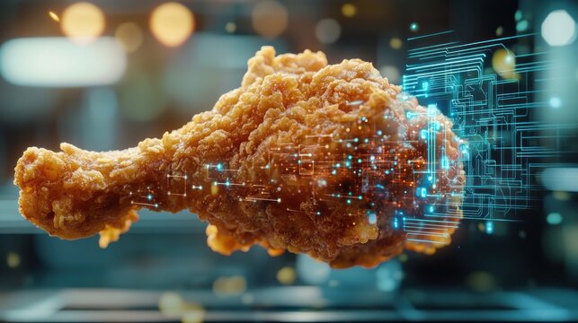 Crispy fried chicken drumstick with digital circuitry overlay