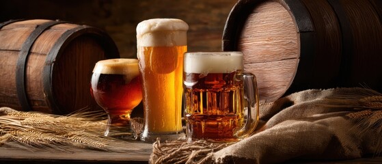 The delightful assortment of craft beers served in rustic glasses and barrels.