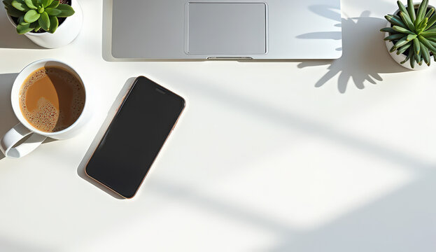 Minimalist White Desk Setup with Laptop and Coffee: Overhead view of a clean white desk featuring an open laptop with a blank screen, a smartphone, a steaming cup of coffee in a ceramic mug, and a gre