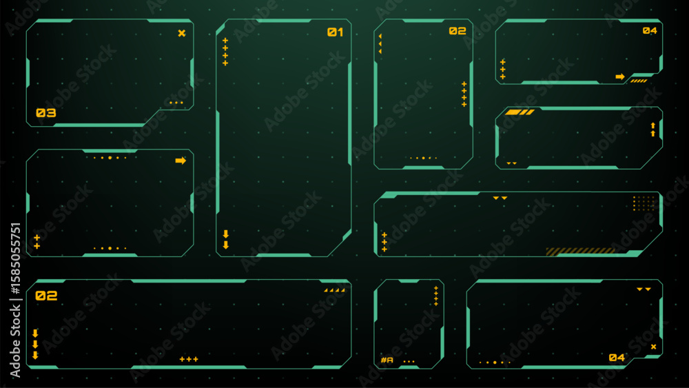 Wall mural set of green and yellow heads up display elements with futuristic interface design. cyberpunk ui fra