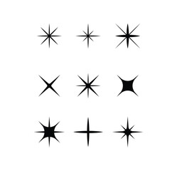 Sparkle Star Icon Set – Black Twinkle Light Vector Elements Collection