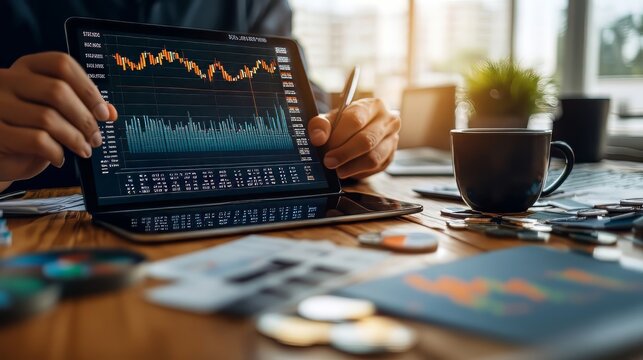 Business finance and investment background, financial data analysis concept: Businessman using digital tablet analyzing sales data, economic graph growth chart and currency exchange.