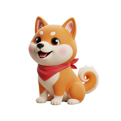 Cute Shiba Inu Cartoon Dog with Red Bandana, 3D Rendered Pet Illustration, Adorable Shiba Inu Character with Swirl Tail