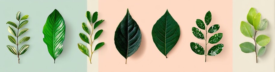 Seven vibrant green leaves and sprigs arranged on a pastel background, showcasing varied shapes and textures