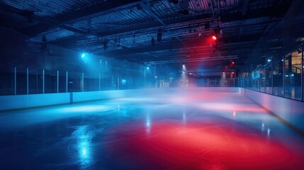 The illuminated ice rink with colorful lights and fog in a modern arena.