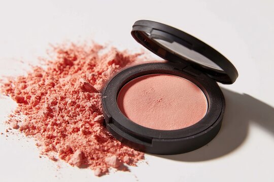 Coral blush compact spills slightly, revealing its powdery, soft texture against a bright white backdrop; subtle shadow adds depth