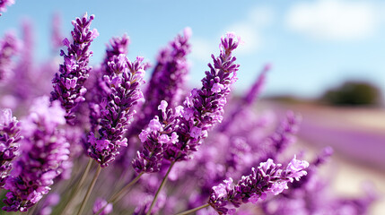 Obraz premium Field of lavender flowers with a blue sky in the background