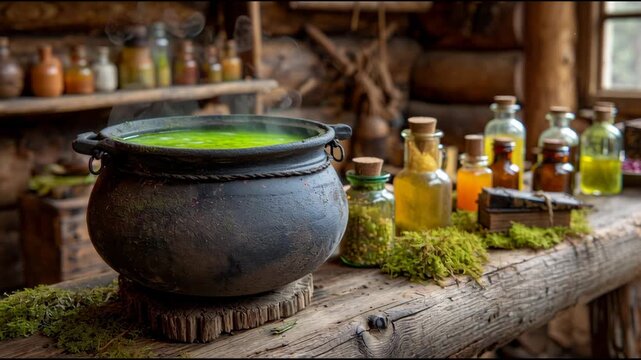 Steaming black cauldron with green potion boiling rustic wooden table surrounded by glass bottles herbs and moss cozy magical