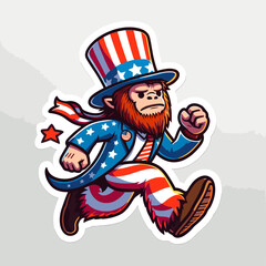 Fototapeta premium Bigfoot Running. Independence Day 4th of July American Flag Cute Cartoon Mascot Clipart Line Art Vector Illustration. Sasquatch sprint creature moving at speed in the woods a fun outdoor.