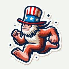 Fototapeta premium Bigfoot Running. Independence Day 4th of July American Flag Cute Cartoon Mascot Clipart Line Art Vector Illustration. Sasquatch locomotion cryptid movement big primate sprinting forest.