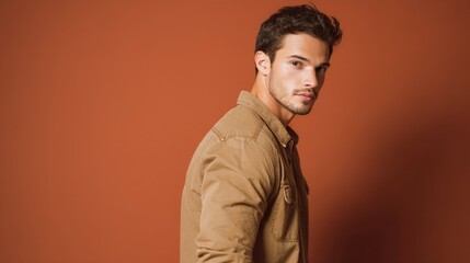 Obraz premium Handsome man with dark hair and a beard gazes intently over his shoulder, wearing a casual tan shirt against a warm, solid background, creating a striking portrait.
