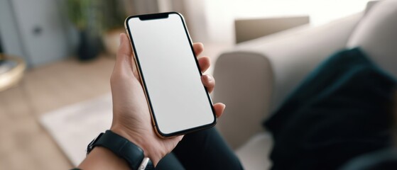 The modern smartphone held in a cozy home environment with a blank display.
