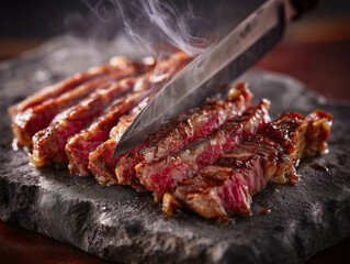 Chef slicing hot grilled medium rare steak on stone plate