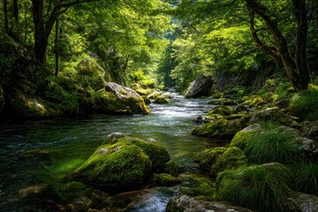Naklejka premium Sun-dappled stream flows through lush, mossy ravine; large rocks and vibrant green foliage line banks