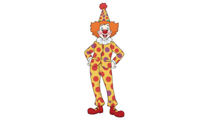 Colorful cartoon clown illustration with a big smile, wearing a polka-dot costume and party hat, perfect for children's entertainment and festive themes.