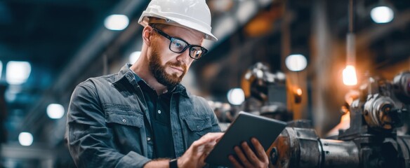The engineer using a tablet in a modern industrial factory setting.