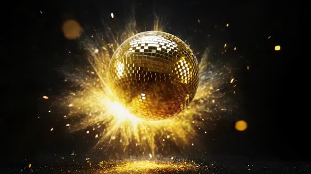 A shining disco ball explodes in mid-air with vibrant colors and lights