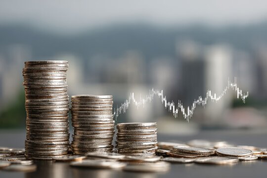 Three ascending coin stacks against a blurred cityscape backdrop, overlaid with an upward trending graph, symbolizing financial growth and investment success