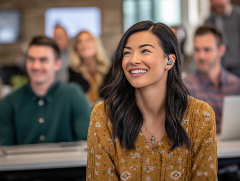 Young asian businesswoman wearing hearing aid smiling during a business meeting