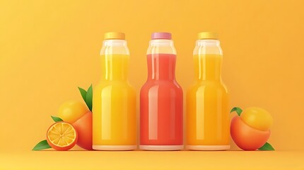 Three Glass Bottles of Colorful Fruit Juice with Oranges